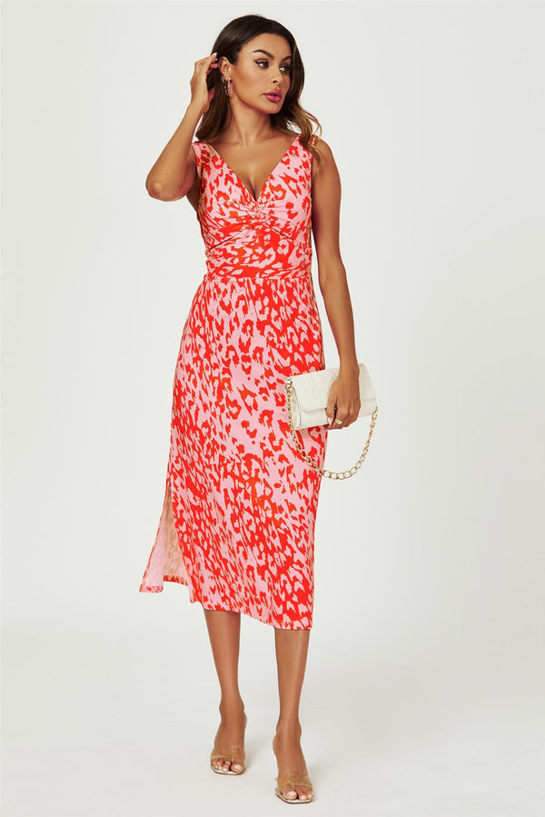 Luipaardprint V-hals midi-jurk met knoopsluiting in roze 