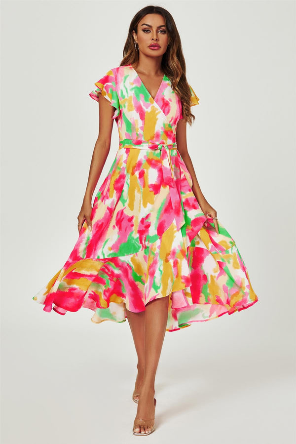 Abstracte bloemenprint midi-wikkeljurk in roze