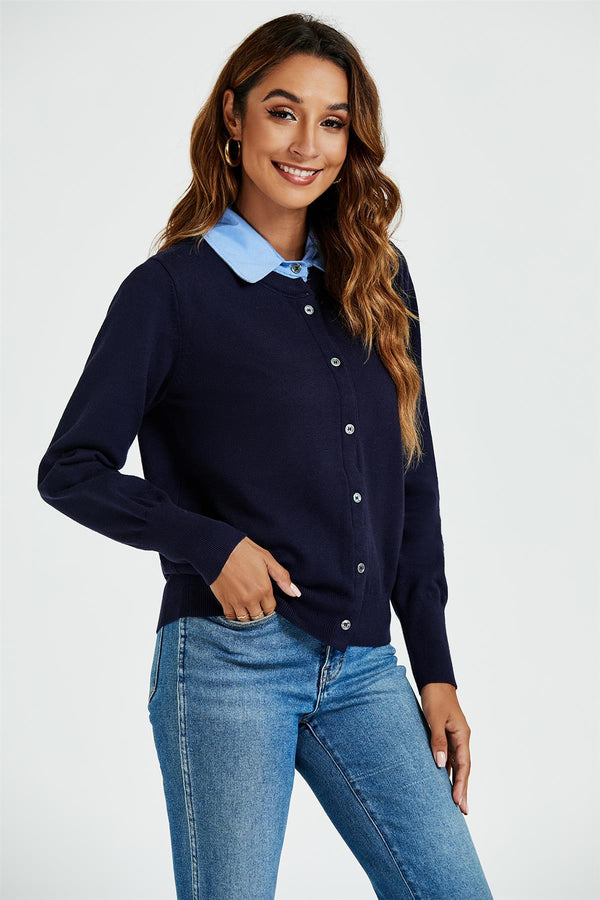Strickjacke mit Hemdkragen in Marineblau 