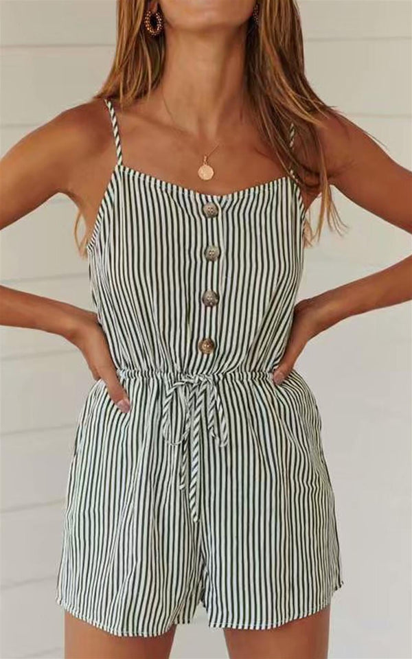 Olivgrün gestreifter Culotte-Playsuit mit Knopfleiste und Bindegürtel