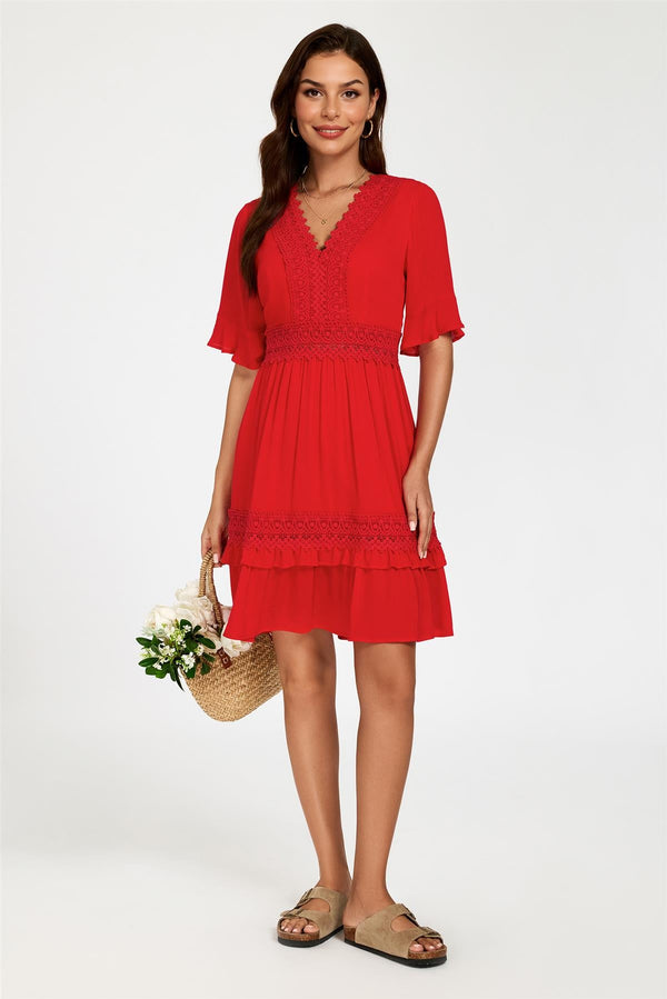 V-hals kanten mini-jurk in rood