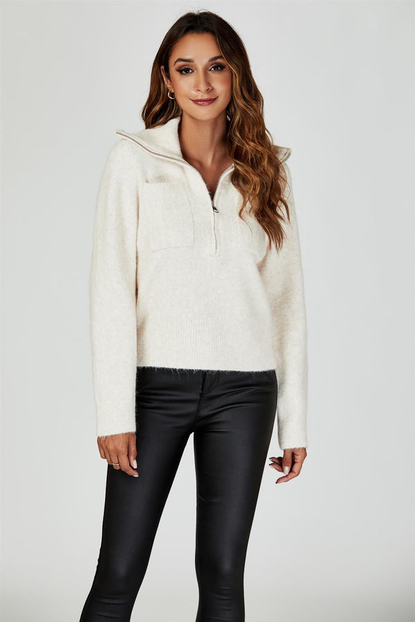 Rollkragen-Strickoberteil mit Reißverschluss in Creme 