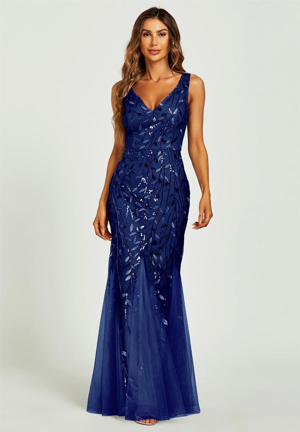 V-hals bruidsmeisjes maxi-jurk met pailletten en gedetailleerde bladeren in marineblauw
