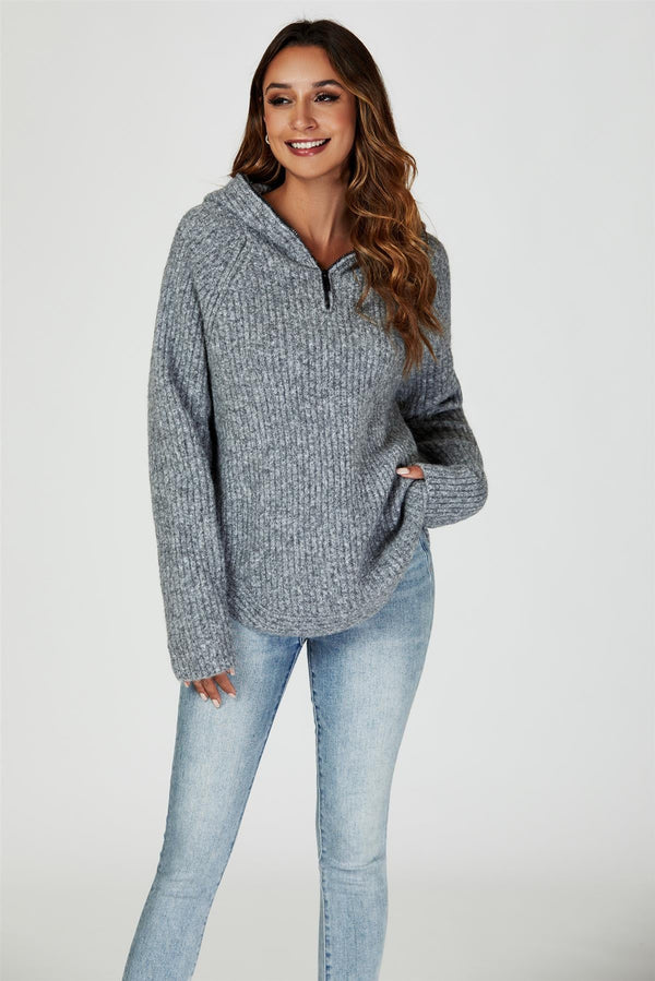 Gebreide hoodie met ritsdetail in grijs