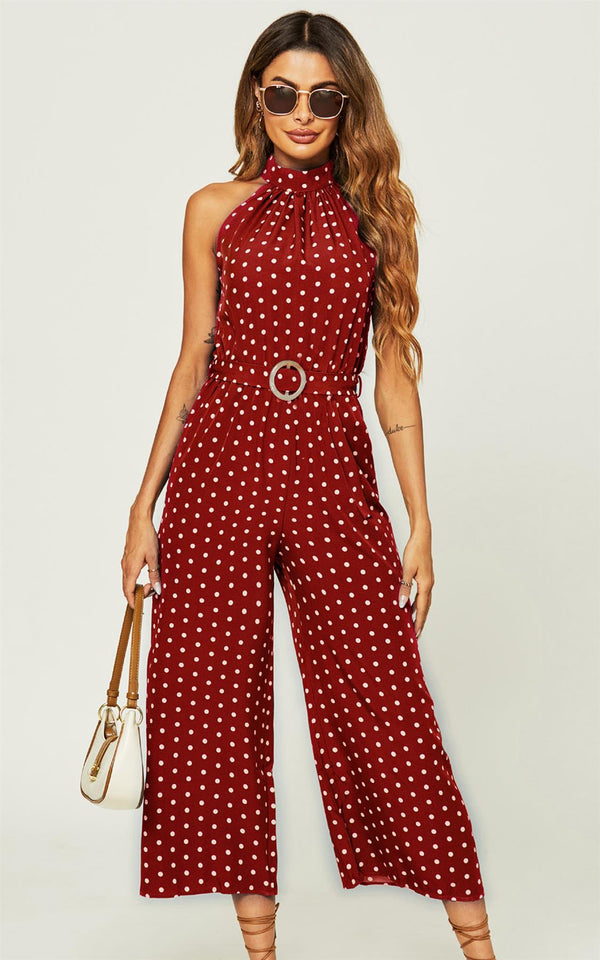 Jumpsuit met hoge hals en rode stippen