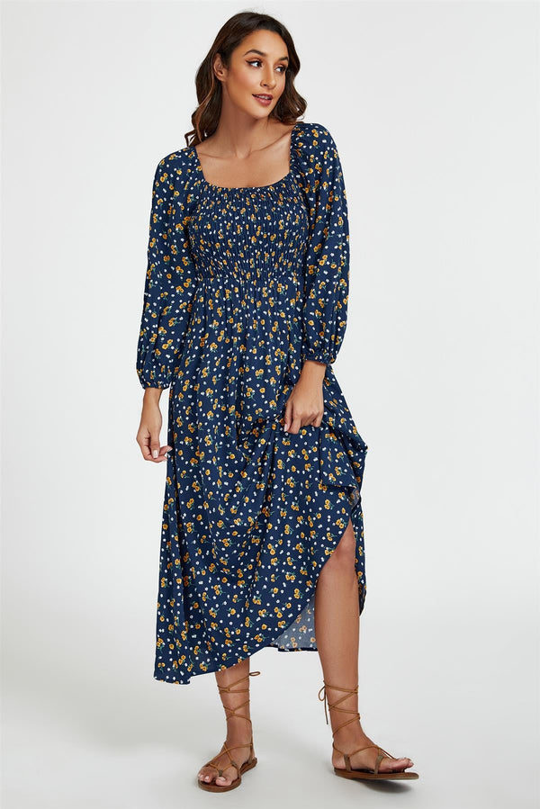 Maxi-jurk met vierkante hals en bloemenprint in donkerblauw