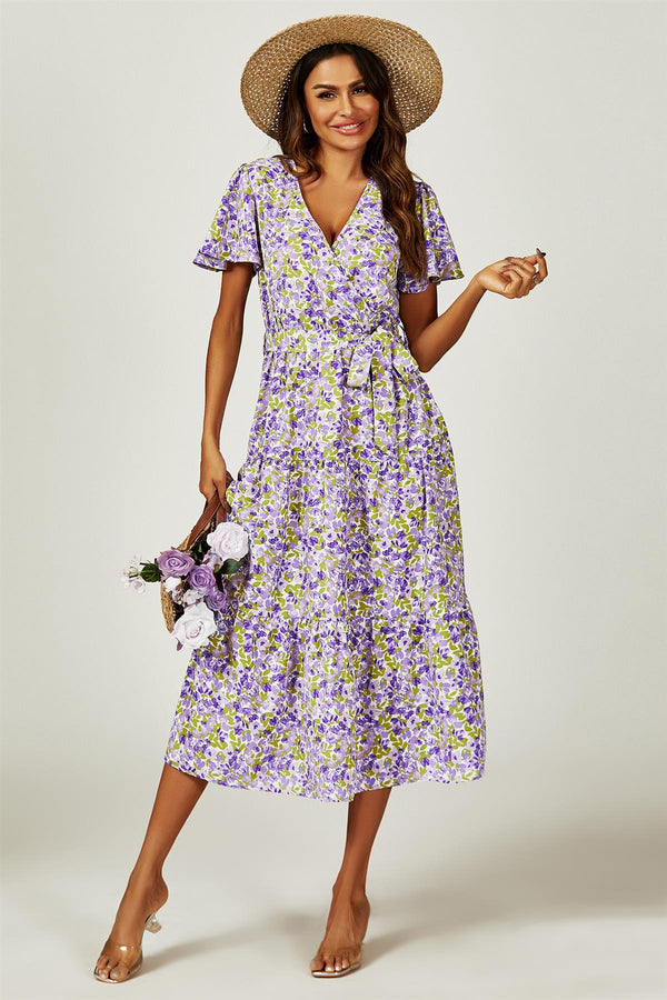 Midi-jurk met bloemenprint en gelaagde zoom in paars