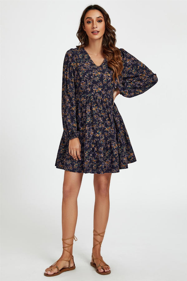 Mini-jurk met V-hals en kleine bloemenprint in marineblauw