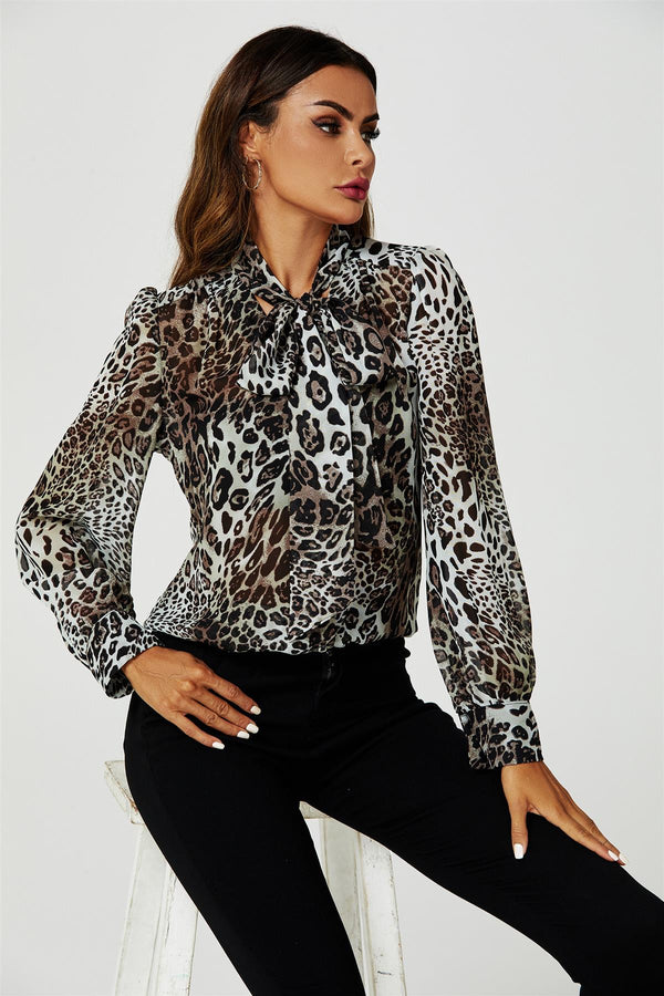 Blousetop met lange mouwen en strikdetail in beige 