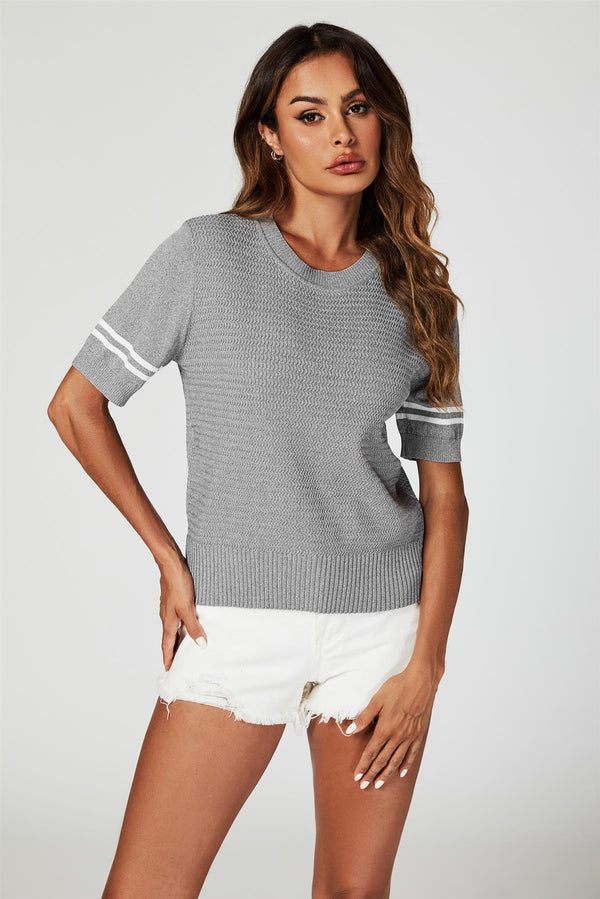 Gestreept gebreid T-shirt met ronde hals in grijs