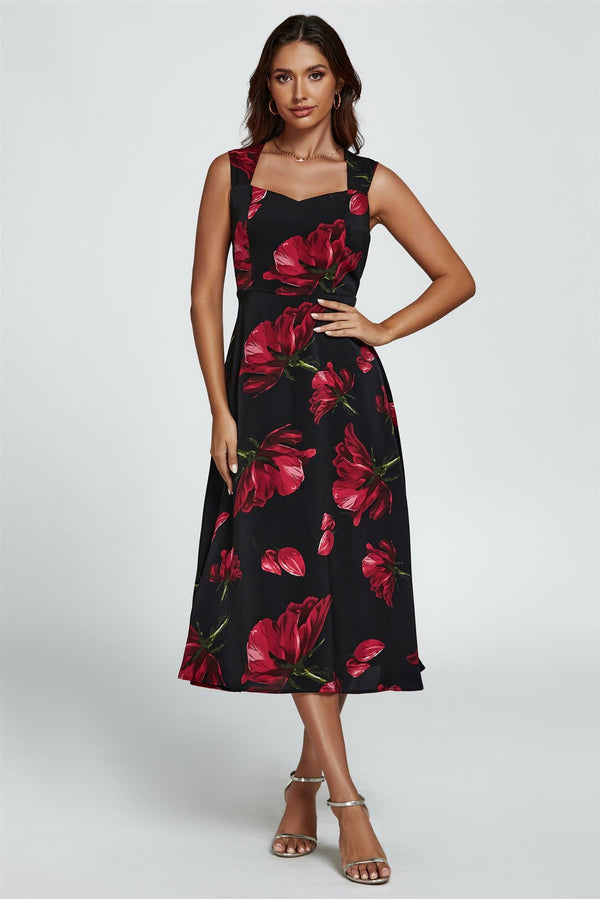 Midi-jurk met bloemenprint en hartvormige hals in zwart