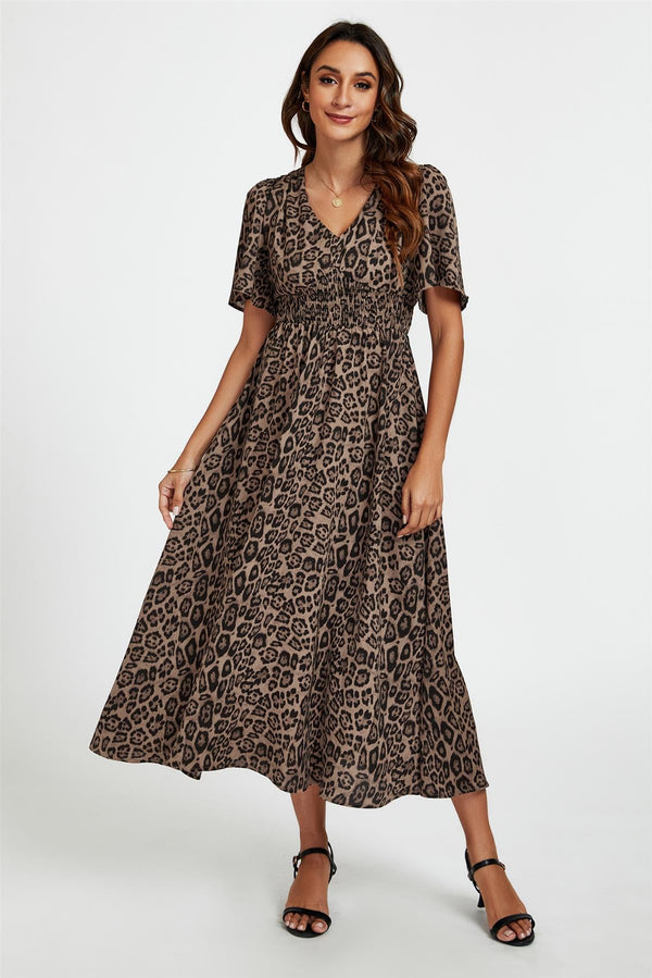 Midi-jurk met luipaardprint en V-hals in bruin