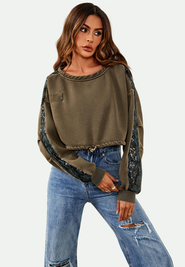 Oversized cropped sweatshirt met paillettendetail in kaki