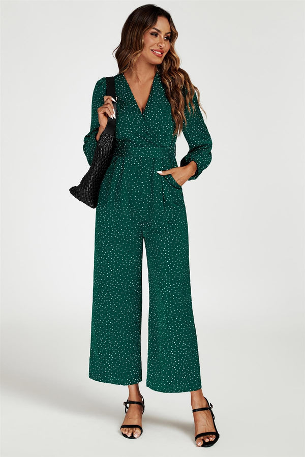 Wikkeljumpsuit met stippenprint in groen
