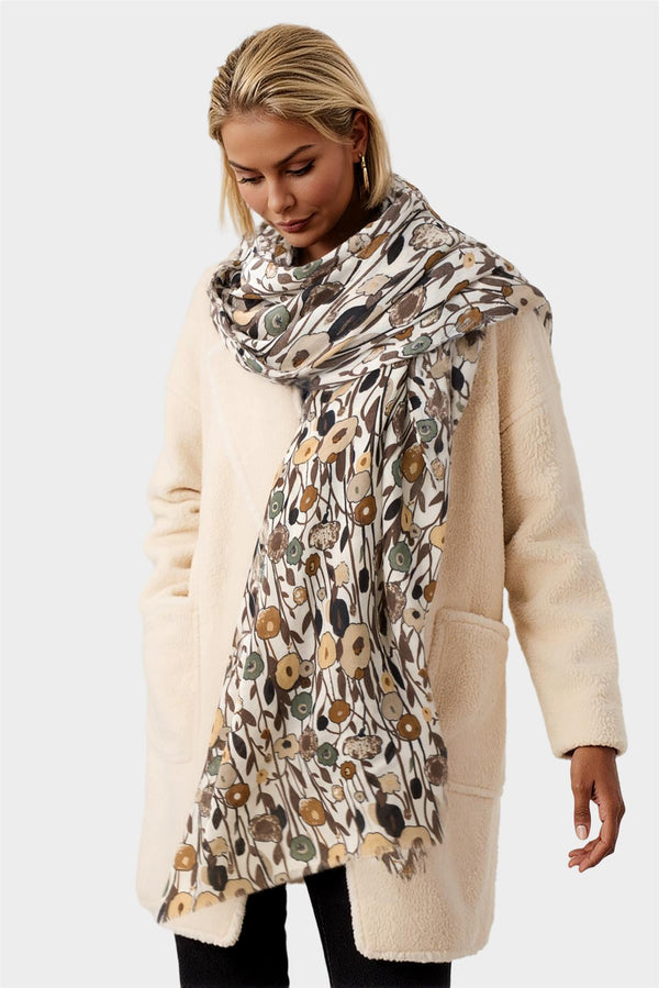 Sjaal met bloemenprint en franjes in bruin