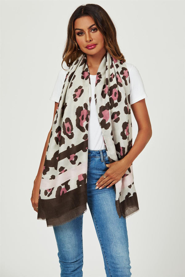Leopard & Strip Print Fringed edges Scarf In Pink & Black