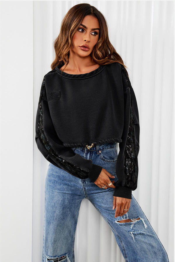 Oversized cropped sweatshirt met paillettendetail in zwart 