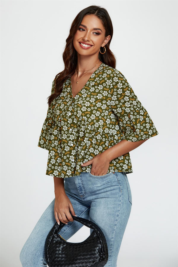 Croptop met korte mouwen en bloemenprint in olijfgroen