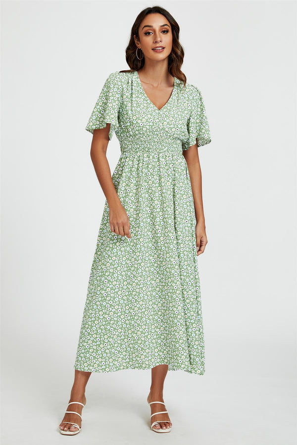 Multi bloemenprint V-hals midi-jurk in groen