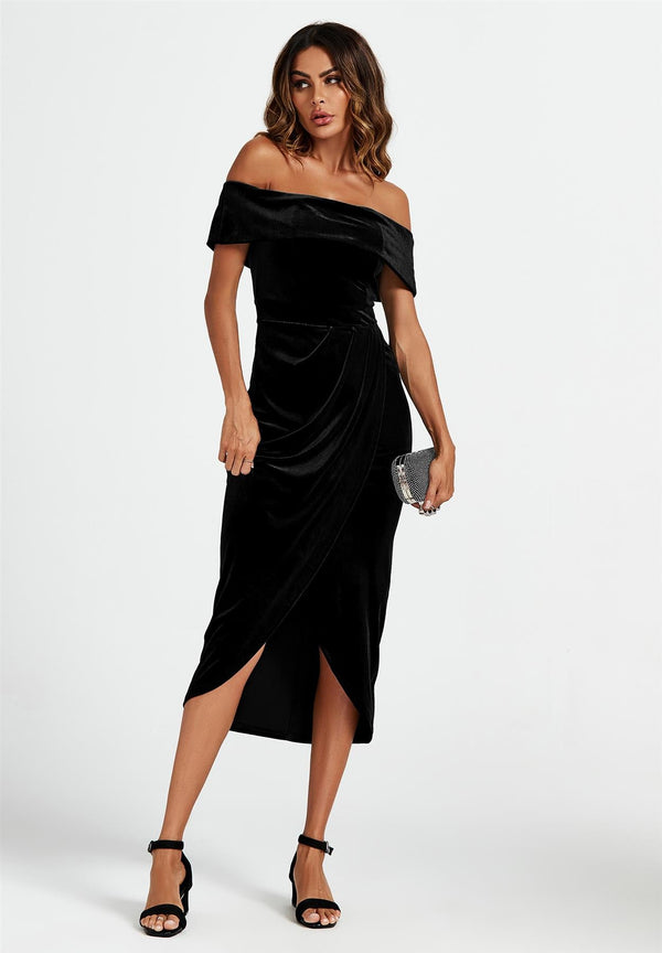 Off Shoulder Velvet Midi Dress In Black