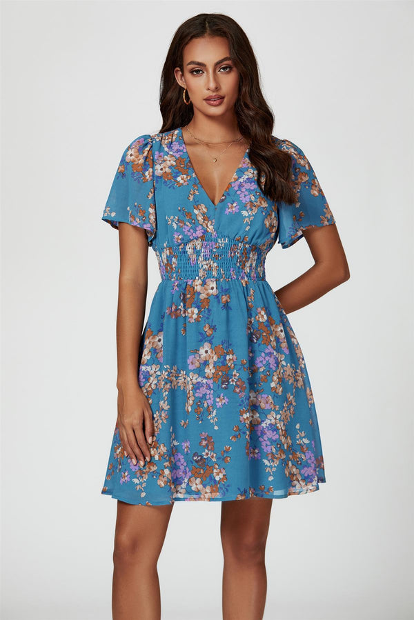 Mini-jurk met korte mouwen en bloemenprint in blauw