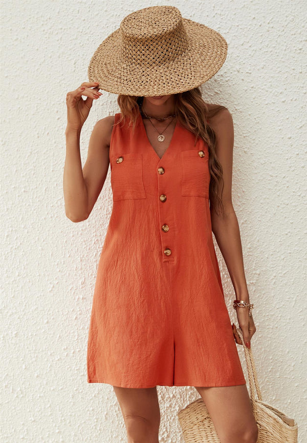 Playsuit met V-hals en knoopjes in oranje