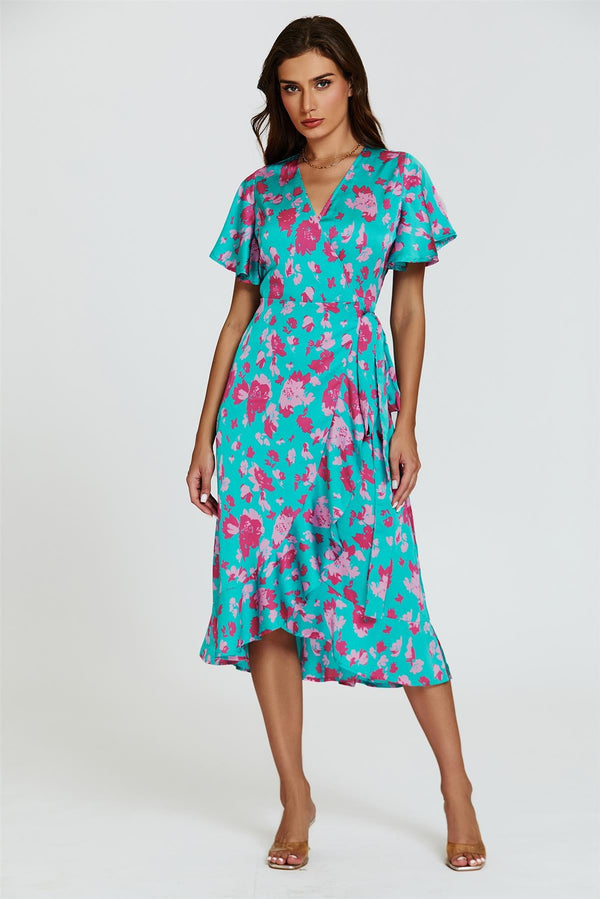 Turquoise en felroze print midi-jurk met engelmouwen en wikkelmotief