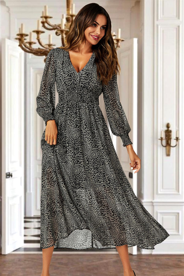 Maxi-jurk met luipaardprint en lange mouwen in grijs 