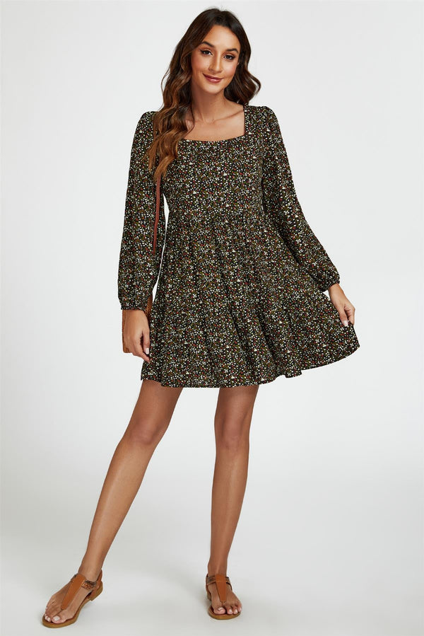 Mini-jurk met vierkante hals en kleine bloemenprint in zwart