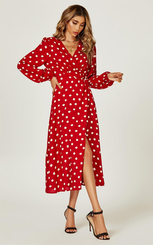 Polka Dot Wrap Midi-jurk in het rood