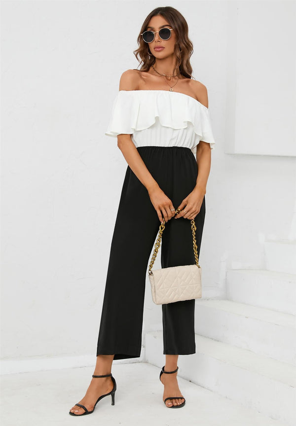 Zwarte contrasterende off-shoulder jumpsuit met ruches in het wit