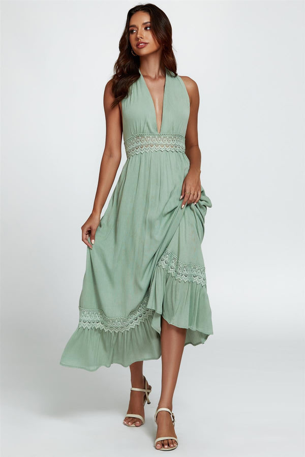 Maxi-jurk met kanten detail en diepe V-hals in groen