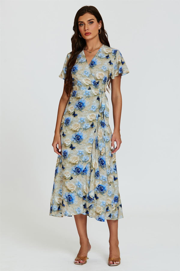 Midi-jurk met bloemenprint en wikkelzoom in beige