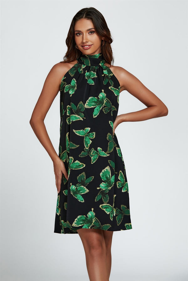Mini-jurk met vlinderprint, halternek en strikbandjes in het groen