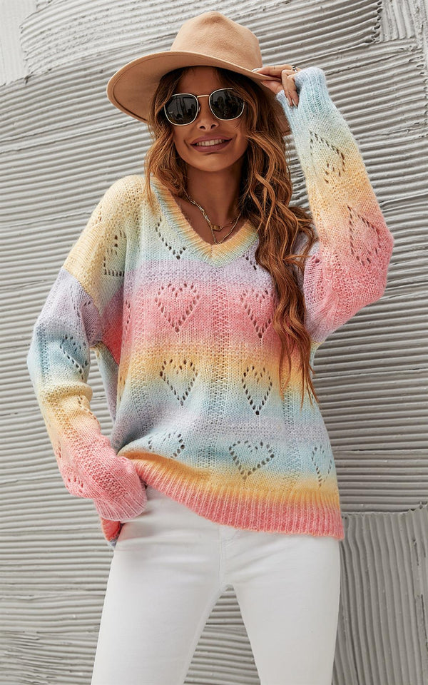 Hartvormige trui in roze, blauw, geel, regenboog