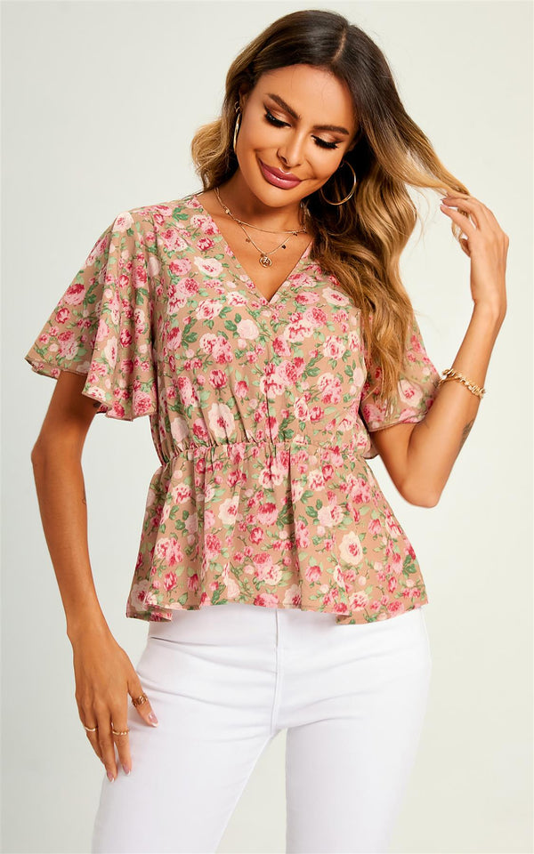 Top/blouse met V-hals en engelmouwen in beige en roze bloemenprint