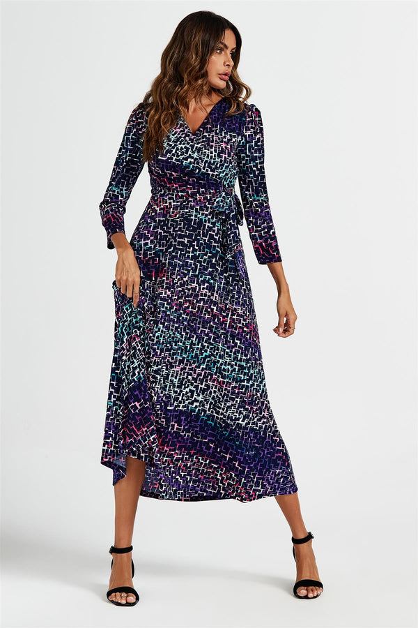 Midikleid mit Wickeloberteil und geometrischem Print in Marineblau 