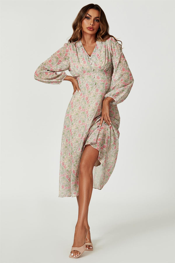 Maxi-jurk met lange mouwen en bloemenprint in meerdere kleuren