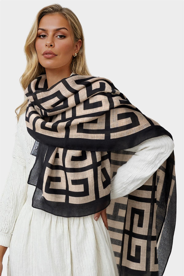 Geo Print Sjaal in Beige &amp; Zwart