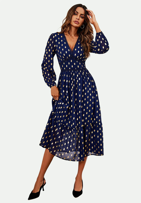 Lange maxi-jurk met kanten rand en folie in marineblauw
