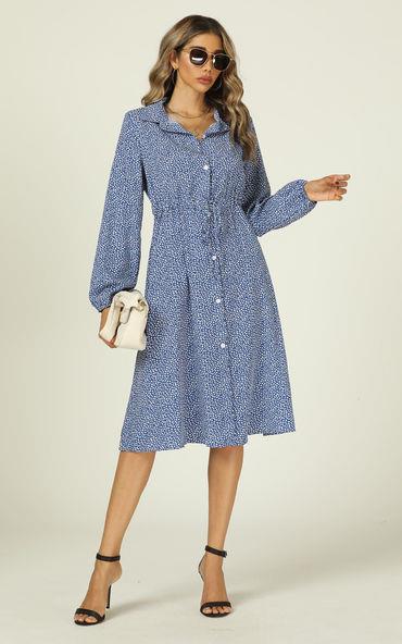 Bloemenprint Midi-jurk met kleine bladerenprint en strikband in de taille in blauw
