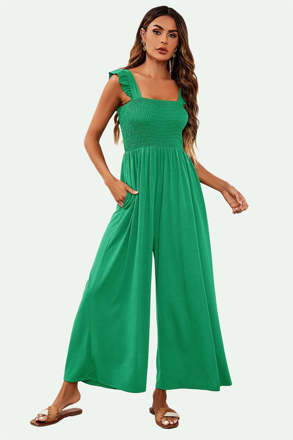 Grüner Jumpsuit mit Trägern und Rüschendetail
