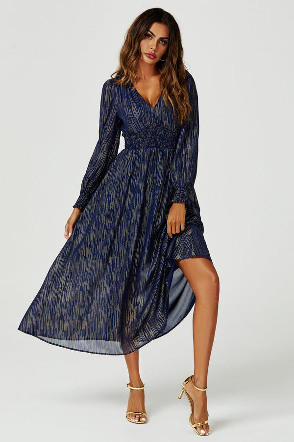Gouden gestreepte folie maxi-jurk met lange mouwen in marineblauw