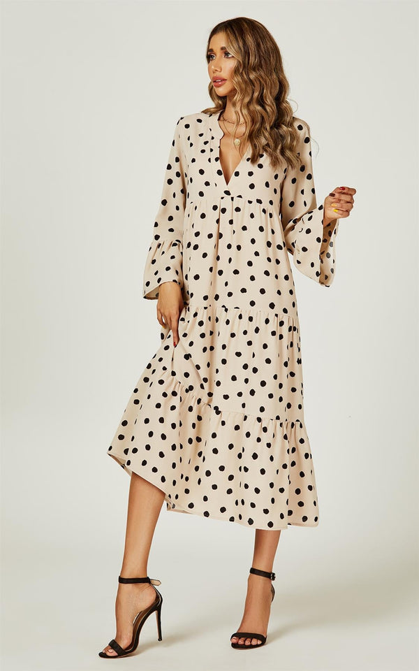 Relaxte stippenprint smok tuniek midi-jurk in beige