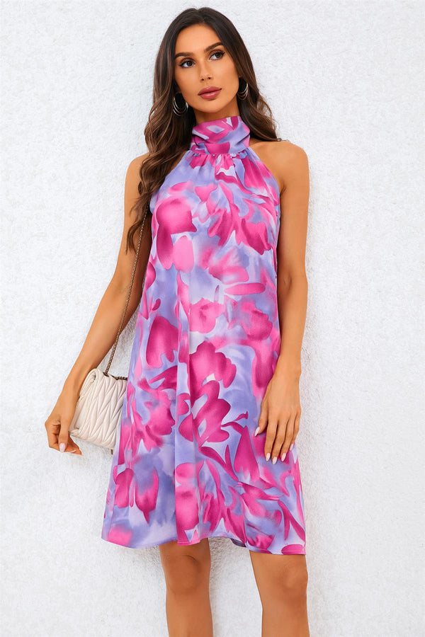 Abstracte bloemenprint halternek mini-jurk met strik op de rug in roze