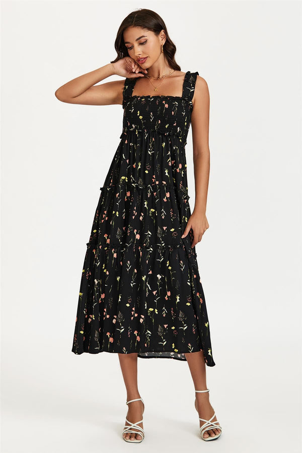 Maxi-jurk met bloemenprint en zoomdetail in zwart