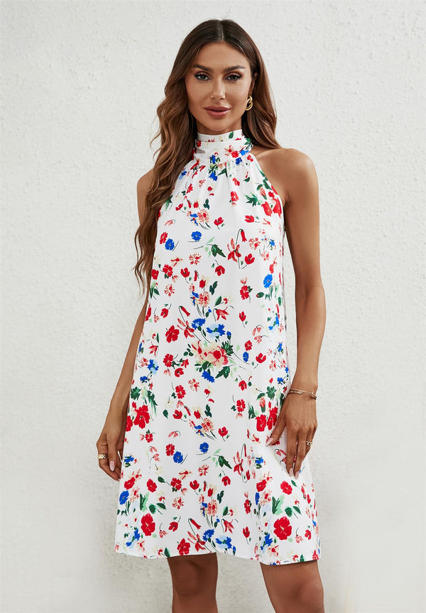 Minikleid Mit Neckholder Und Bindeband Am Rücken In Weiß Mit Blumenmuster