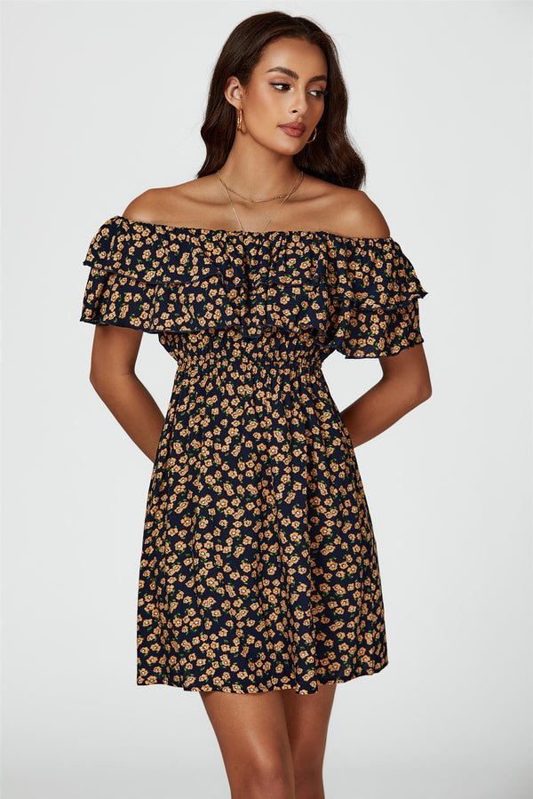 Mini-jurk met bloemenprint en bardot-frons in marineblauw