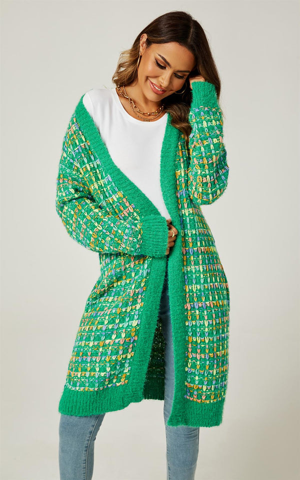 Grüner Bouclé-Cardigan mit Karomuster und Regenbogen-Mehrfarbensprenkeln