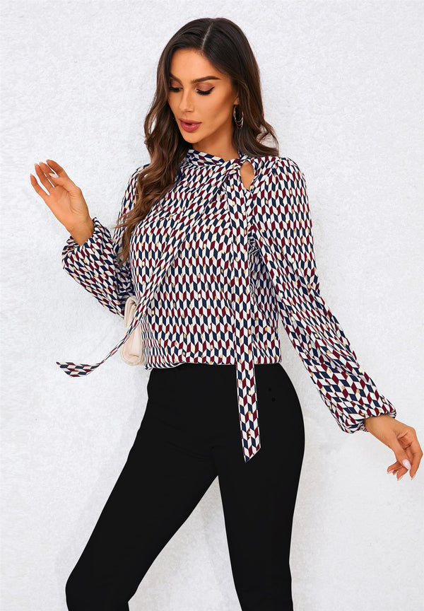 Geo Print Blouse Top met Strik aan de Zijkant in Wijnrood
